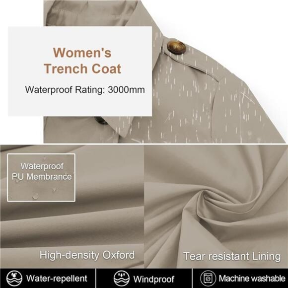 Women's Trench Coat Double-Breasted Classic Lapel Overcoat Belted - Picture 4 of 7